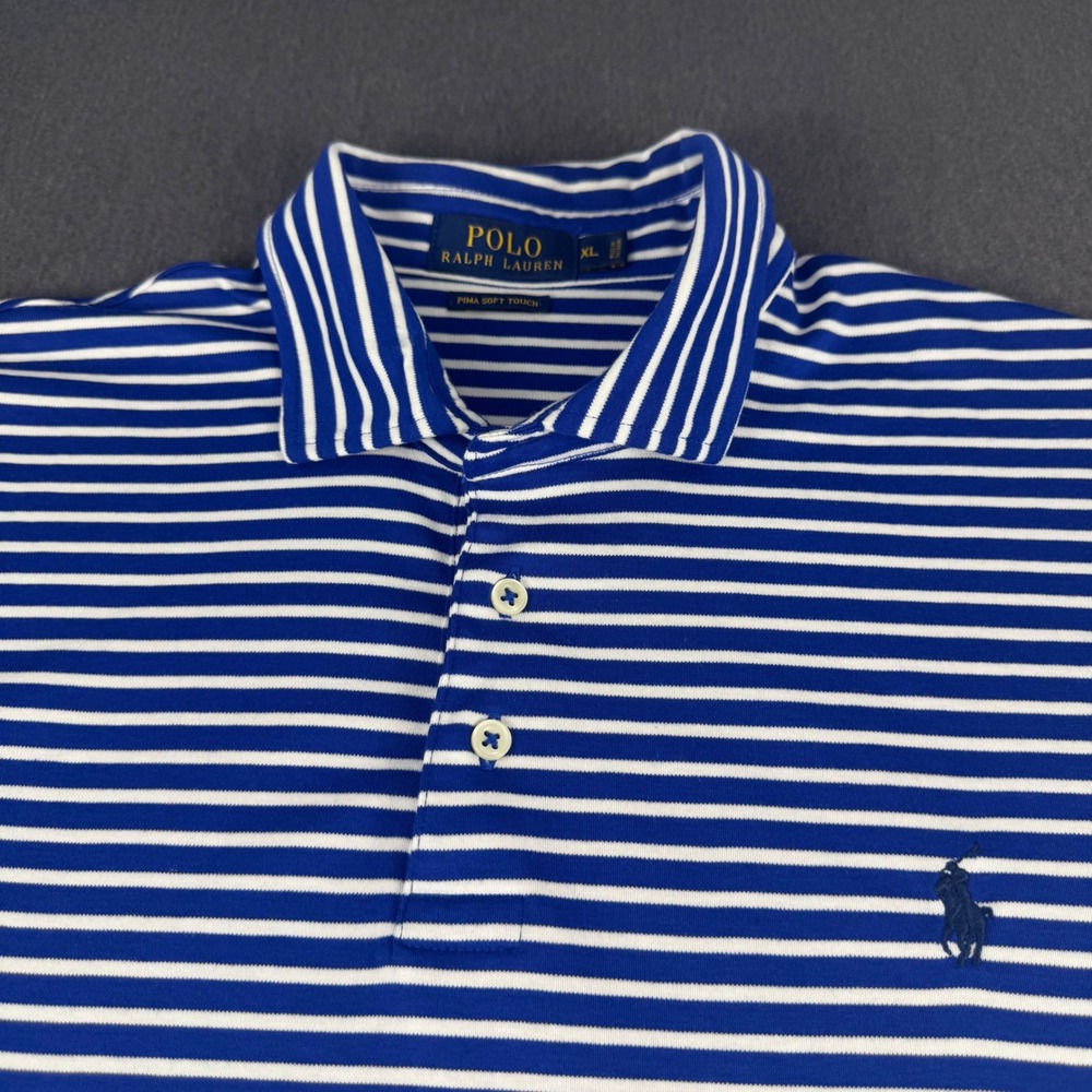 Polo Ralph Lauren Mens XL Blue White Striped Pima Soft Touch Cotton Polo Shirt